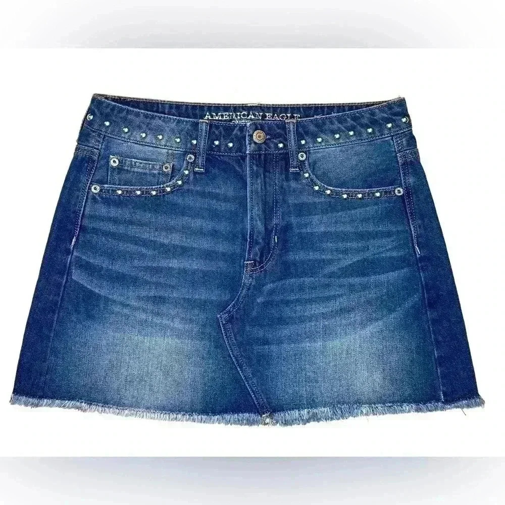 American Eagle Women Hi-Rise Festival Mini Jean Skirt SZ 4 Short Studded Frayed